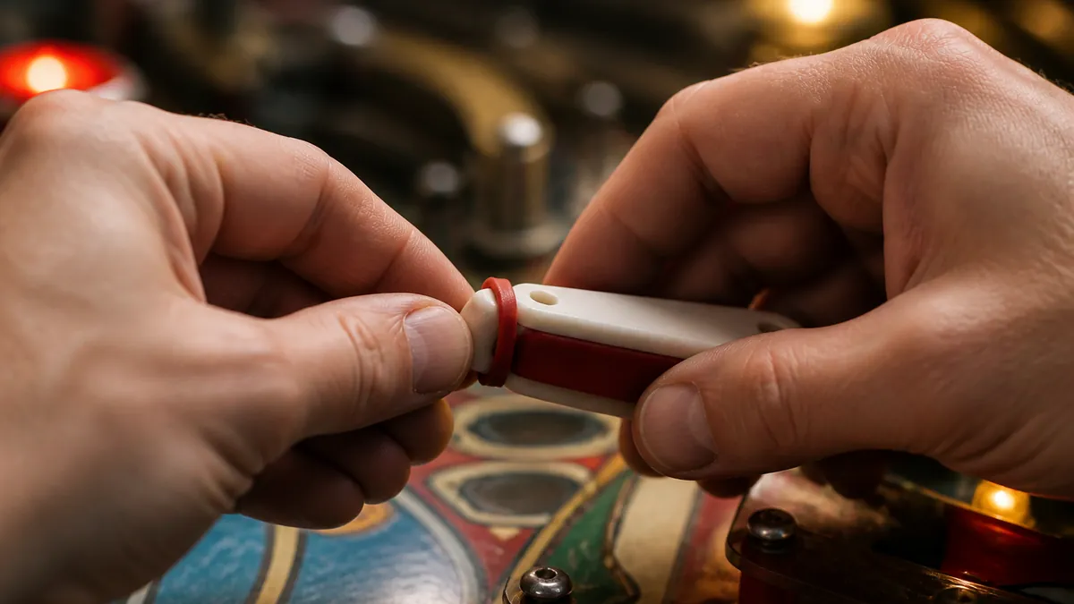 Mains montant un caoutchouc neuf sur le bout d'un batteur de flipper, plots et slingshot en arrière-plan