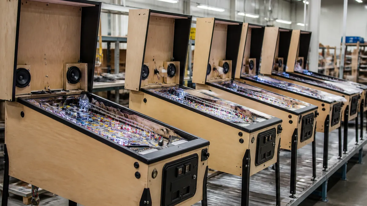 Atelier d'assemblage de flippers neufs alignés sur une chaîne de montage