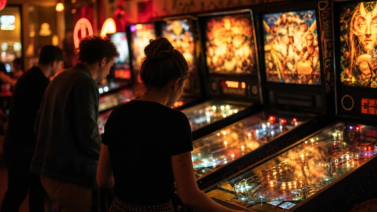 Rangée de flippers allumés dans une salle de jeu française, joueurs de dos devant les machines