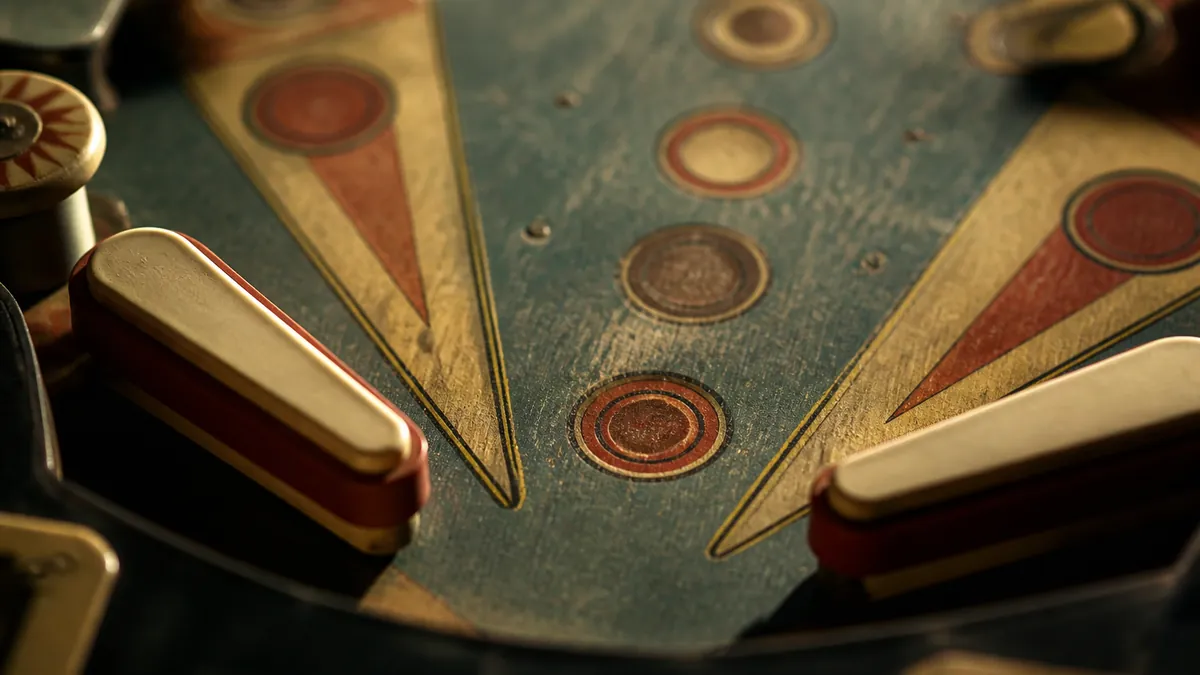 Détail d'un plateau de flipper usé aux points de contact des billes, révélateur de l'état d'une machine