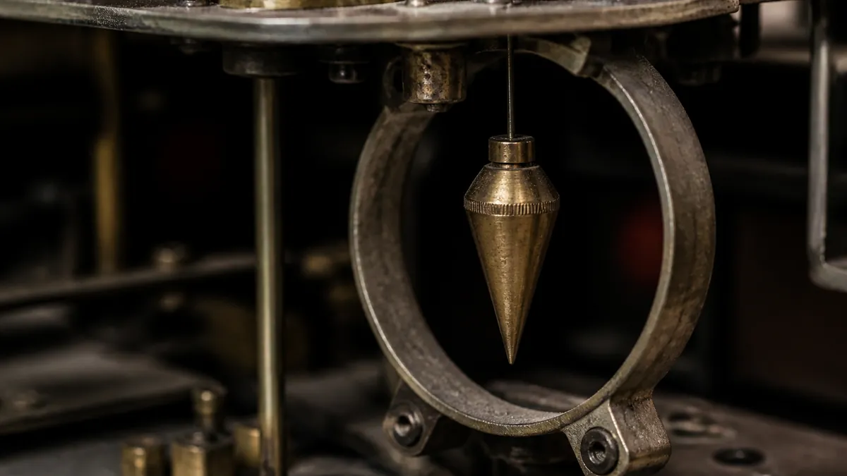 Pendule de tilt en plomb suspendu au-dessus de son anneau métallique sous le plateau d'un flipper
