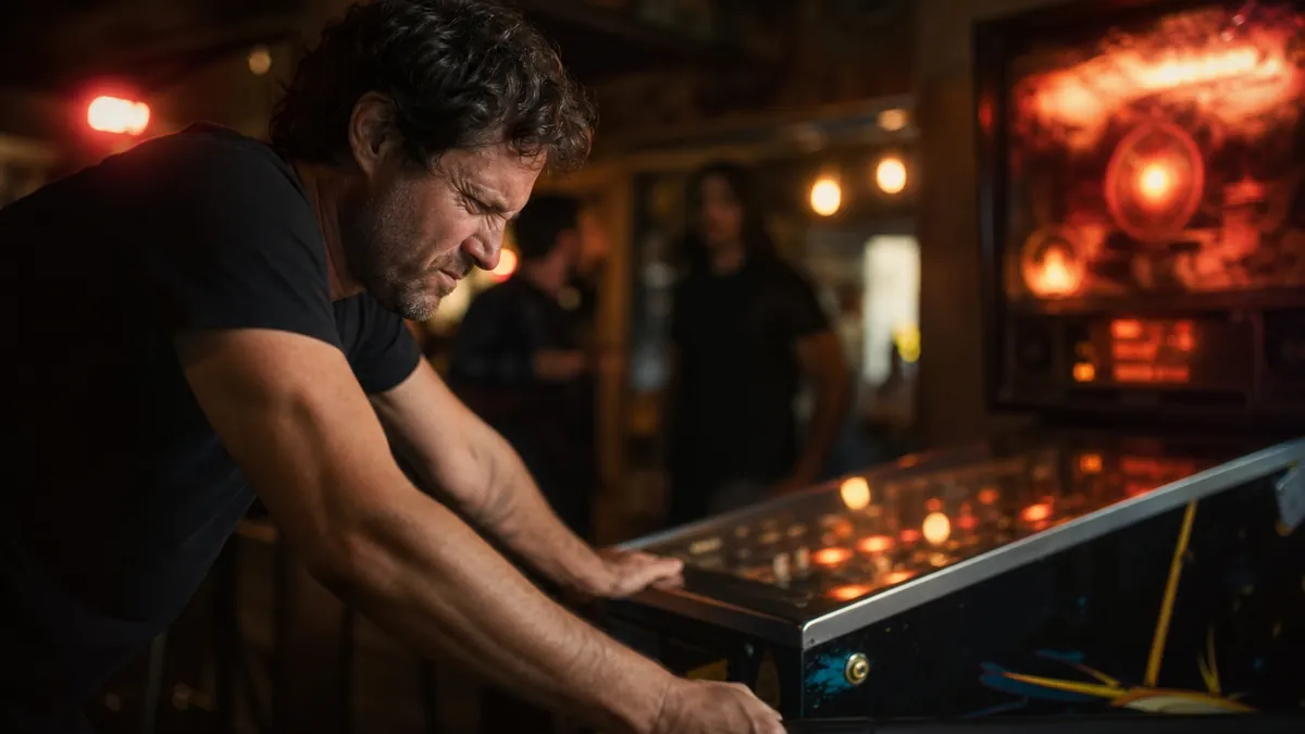 Joueur crispé secouant un flipper des deux mains dans un bar tamisé, le mot d'avertissement clignotant sur le fronton