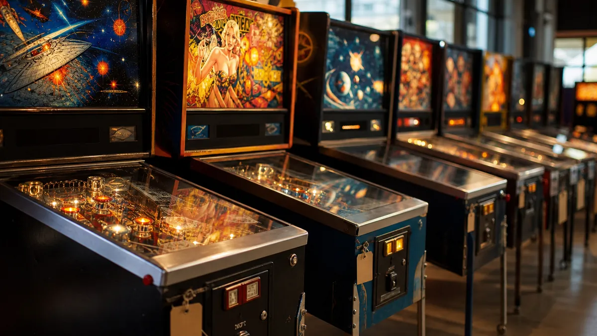 Rangée de flippers d'occasion alignés dans un showroom, étiquettes de prix visibles sur les frontons