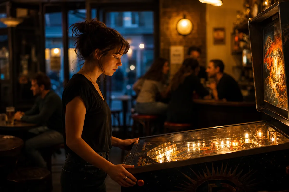 Débuter au flipper : joueur devant une machine illuminée dans un bar, mains sur les boutons des batteurs