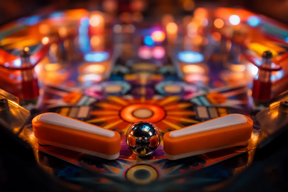 Bille de flipper entre les deux batteurs, plateau et bumpers illuminés en arrière-plan