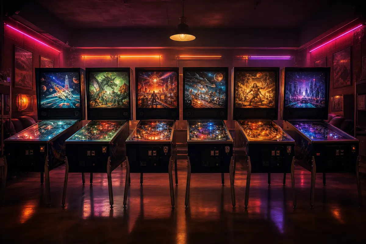 Rangée de flippers allumés dans une salle d'arcade rétro, frontons lumineux dans la pénombre